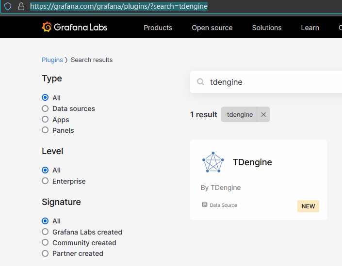 TDengine database 在 Grafana 官网的页面