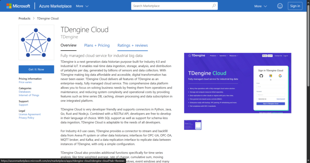 TDengine Cloud 入驻微软云 Marketplace - TDengine Database 时序数据库